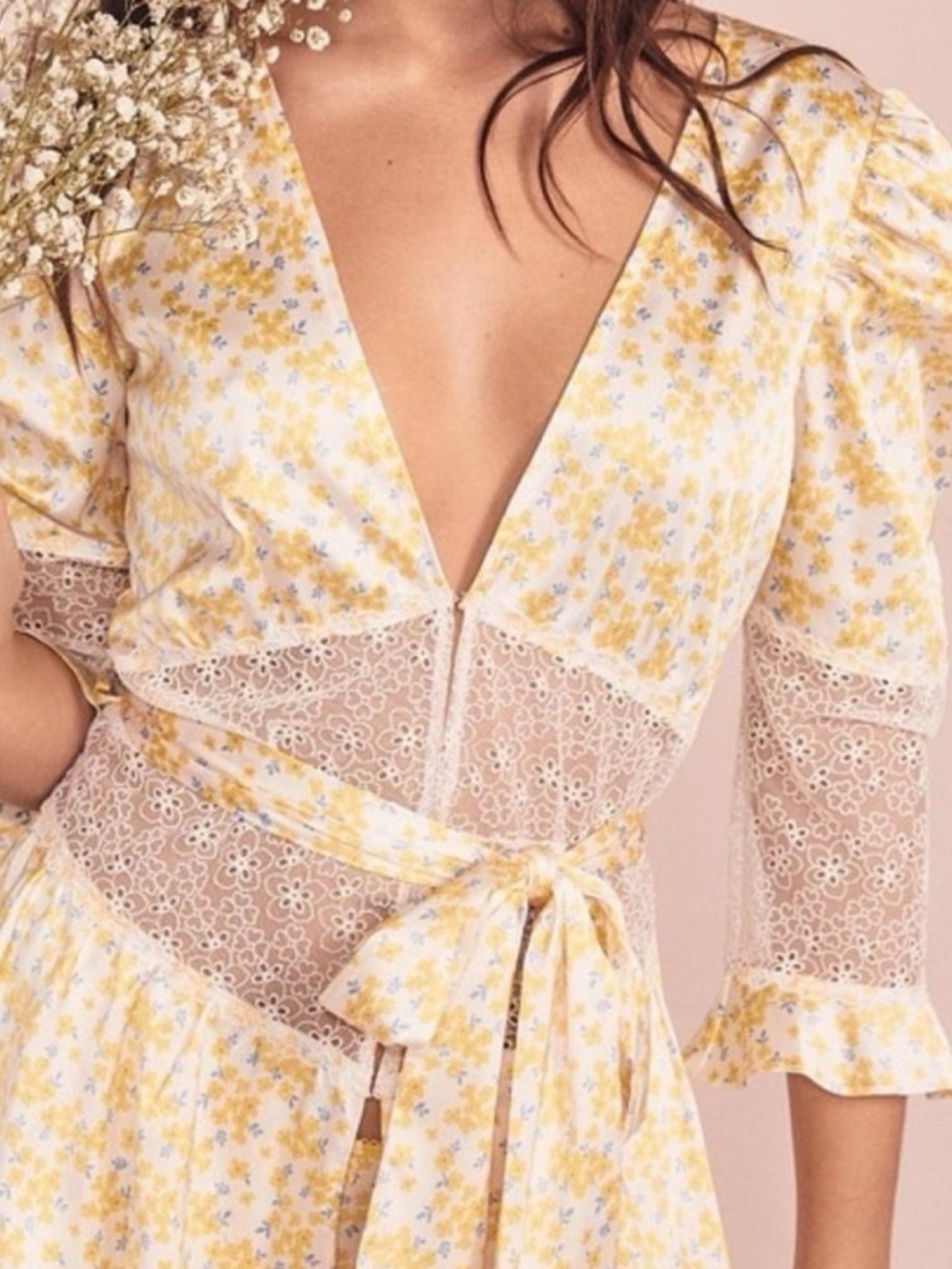 NWT For Love and Lemons Yellow Floral Daffodil Lace Robe Dress L - Picture 4 of 16